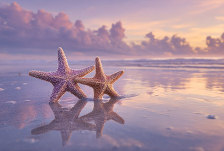 Two starfish stand in shallow water on a sandy beach, their reflections mirrored. The scene is bathed in warm sunlight, with the sky showing pastel colors. This image features a serene atmosphere and is suitable for various commercial purposes such as advertising or travel publications.の素材