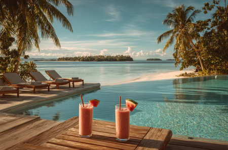 An inviting outdoor scene shows an infinity pool with two drinks in the foreground. Palm trees and other tropical plants frame the pool area. The bright blue sky and ocean provide a scenic background for possible use in travel, hospitality, or lifestyle publications and campaigns.の素材