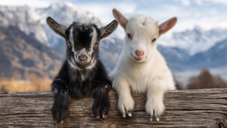 Two adorable baby goats are the focal point, positioned on a wooden structure. The goats' fur exhibits contrasting colors, with a soft blur in the background suggesting a natural environment. The composition utilizes a medium shot, possibly useful for various commercial applications, emphasizing the innocence and charm of the animals.の素材