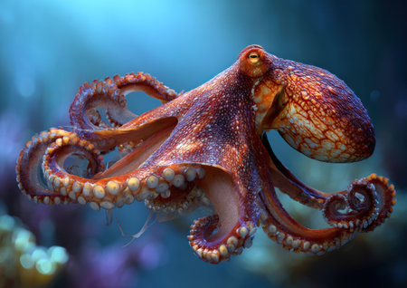 An octopus is featured in this image, showcasing its intricate skin patterns and dynamic tentacles. The creature displays shades of red and brown against a blurred, blue background, suggesting an underwater setting. This photograph's visual qualities make it suitable for various editorial and commercial applications.の素材