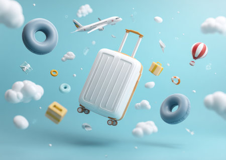 A white suitcase with an airplane floats amidst various 3D-rendered elements on a bright blue backdrop. The composition features donuts, cubes, and clouds, creating a whimsical effect. The image's clean, modern style and vibrant colors make it suitable for advertising and design projects.の素材