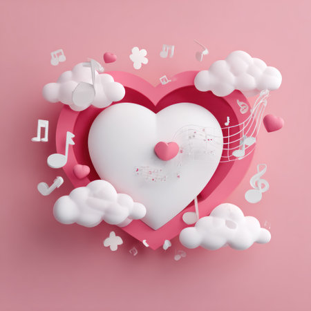 A stylized illustration depicts a layered heart design with clouds and musical notes. The artwork features a pastel pink color scheme, soft textures, and a whimsical style. This image could be suitable for various celebratory designs, greeting cards, or decorative projects. The composition offers open space for text integration.の素材