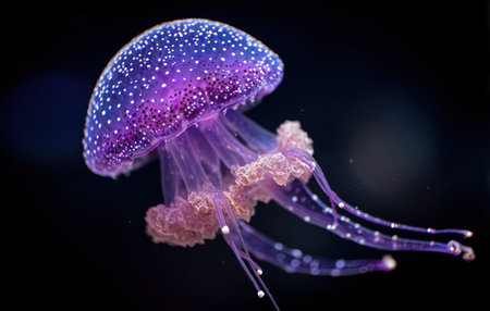 An image showcases a jellyfish with intricate details and colors. The creature is set against a dark background, highlighting its form and luminous patterns. The image's composition and lighting suggest a marine environment, perfect for educational or illustrative purposes.の素材