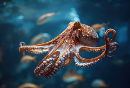 A detailed image captures an octopus gracefully moving in water. The animal exhibits reddish-brown hues, while the background reveals a blue aquatic environment. Its tentacles are prominently displayed, showcasing textures. This visual offers potential for various applications including educational materials and editorial projects.の素材