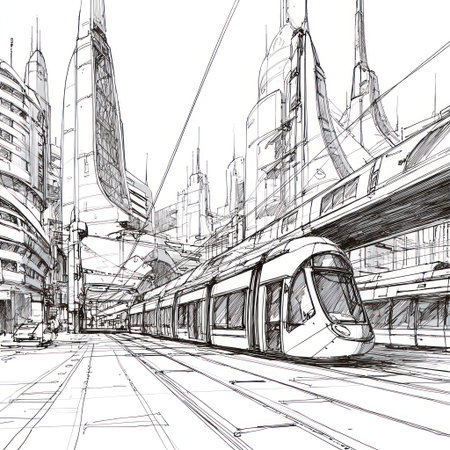 A sketch depicts a futuristic cityscape dominated by tall buildings and a tram. The black and white art features detailed lines emphasizing architectural elements and the tram's sleek design. Overhead wires and tracks suggest urban movement, possibly useful for illustrations or concept designs, suitable for various editorial and commercial applications.の素材