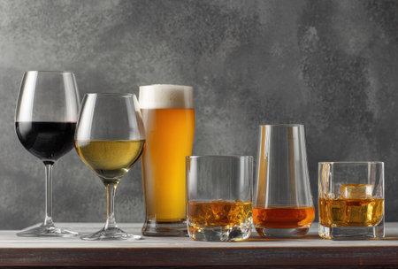 An assortment of alcoholic drinks, including wine, beer, and spirits, is arranged in various glassware. The image showcases a selection of beverages on a tabletop against a neutral backdrop. The lighting highlights the transparency of the glasses and the colors of the drinks, suitable for promotional or editorial purposes.の素材