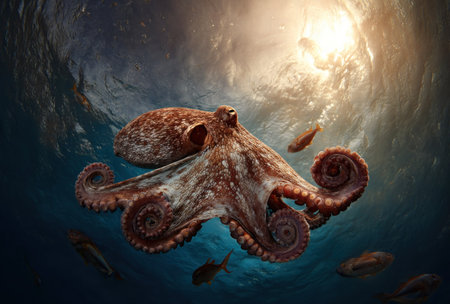 An octopus is seen swimming through the water, with several fish swimming around it. The image shows a realistic underwater scene with the sunlight shining from above. The composition of the image gives a sense of depth and the overall style is naturalistic and detailed. This scene is suitable for use in educational materials and marine life illustrations.の素材