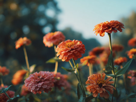 This image showcases numerous orange flowers with delicate petals, illuminated by sunlight. The composition features a natural outdoor setting, with a blurred background suggesting a garden or park. The shot could be utilized for various commercial and editorial projects, including designs and presentations.の素材