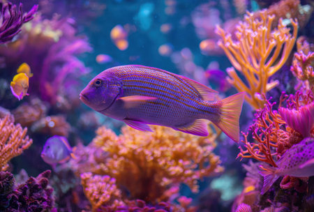 A close-up view presents a fish gracefully swimming amongst a vividly colorful coral reef. The image showcases various textures and forms, illuminated by underwater lighting, creating a dynamic visual narrative. It could be useful for educational materials or nature-related content, offering opportunities for diverse editorial and commercial applications.の素材