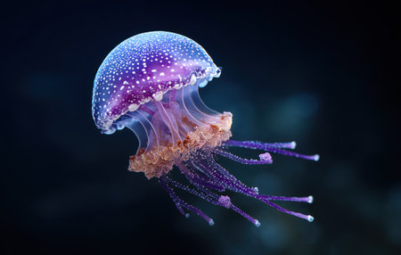 A detailed image of a jellyfish is displayed against a dark backdrop. The aquatic creature is rendered with shades of purple, white, and hints of orange. The composition highlights the animal's delicate form and textures. This image is suitable for various commercial uses, including scientific illustrations and educational content.の素材