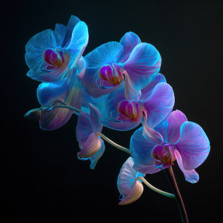 A close-up showcases a cluster of blue and purple orchids. The blossoms are in sharp focus, revealing delicate textures and gradients of color. The composition, set against a dark backdrop, is further enhanced by soft lighting. Potential uses include editorial illustrations or artistic projects.の素材