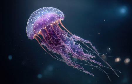 A jellyfish floats gracefully, showcasing a translucent body and trailing tentacles against a dark background. The image highlights the jellyfish's form through glowing highlights and color. Suitable for uses ranging from scientific illustrations to designs, this image presents aquatic beauty in a visually striking manner.の素材
