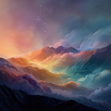 This artwork depicts a landscape with layered mountains, covered by voluminous clouds, and bathed in a spectrum of colors. The vivid composition presents a dynamic interplay of light and shadow, with a focus on textures and gradients. Suitable for editorial purposes, the imagery might be used for website backgrounds or promotional materials.の素材