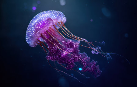 A striking image captures a jellyfish in a deep, dark aquatic environment. The jellyfish displays vivid purple and white colors, accentuated by intricate patterns. Fine details of its tentacles are visible. This image may be suitable for scientific publications, educational materials, or decorative purposes.の素材