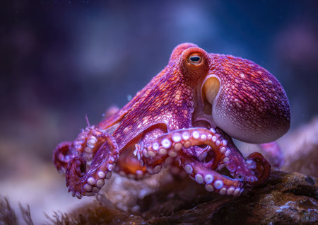 An octopus, the central subject, is captured in a close-up perspective, exhibiting vivid purple and red hues. The image displays the creature's textured skin and bulbous form. The scene possibly takes place in an underwater environment, with implied lighting adding depth. This image can be applied to commercial uses such as educational materials or marine life publications.の素材