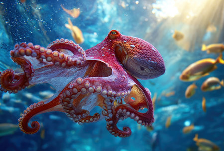 An octopus swims gracefully through clear water, surrounded by various fish. Its body features rich red and purple hues, contrasted by the blue water and golden sunlight. The scene is illuminated with underwater lighting, suggesting a deep-sea environment. This imagery could be used for educational, artistic, or decorative purposes.の素材