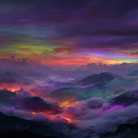 An artistic rendering showcases mountain silhouettes under a dynamic sky ablaze with colors. The image captures a blend of purples, oranges, and pinks suggesting a sunset or sunrise. The style is illustrative, with soft textures and gradients. Suitable for digital art, design elements, and various creative projects.の素材