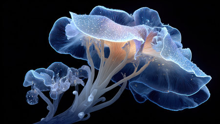 A close-up view displays a bioluminescent aquatic creature with intricate, translucent structures. The organism showcases shades of blue, and hints of orange against a stark, black backdrop. The image likely has applications in scientific illustrations, educational materials, or abstract design projects that explore natural forms.の素材