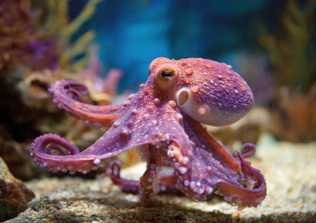 An octopus, with shades of purple and red, is shown in a marine environment. The image displays the creature near coral and rocks, in an underwater setting. This photograph could be used for educational materials, scientific publications, or various commercial projects seeking marine life imagery.の素材