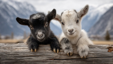 Two young goats, one black and one white, are the central focus of this image, posing atop a weathered wooden fence. The scene exhibits a shallow depth of field, with soft natural lighting illuminating their fluffy coats. The composition and style suggest potential uses in animal-themed content or general stock photography.の素材