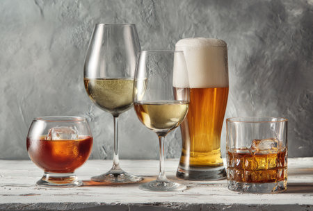 An assortment of alcoholic drinks are arranged in various glass containers. The image showcases a range of beverages, from clear liquids to amber hues, suggesting different tastes and choices. The setting appears to be indoors, possibly in a bar or home. Suitable for illustrating a variety of content such as food and drink related articles.の素材