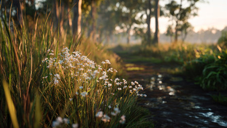 A close-up view presents wildflowers and tall grass in a sunlit meadow. The image displays a shallow depth of field, blurring the forest background. Warm tones dominate, with bright highlights and soft shadows. This picturesque scene suggests potential use for nature-related content and tranquil themes.の素材