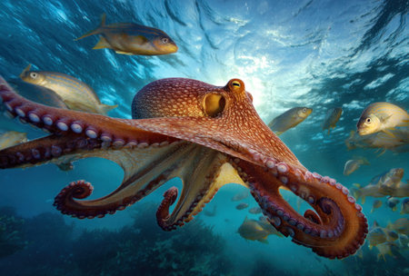 An octopus is featured prominently, displaying its tentacles amidst a marine environment. The scene showcases an underwater view with several fish swimming around the central subject. The composition uses natural lighting and color gradients to create depth. This image is suited for various commercial applications including educational or illustrative content.の素材