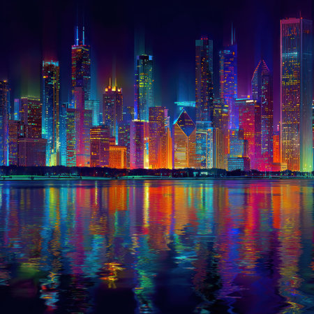 A striking illustration depicts a city skyline at night, illuminated with a spectrum of vibrant colors. Skyscrapers and buildings are reflected in the water below, creating a symmetrical composition. The image showcases rich colors, textures, and a digital art style, suitable for various editorial and commercial applications.の素材