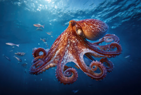 An octopus is featured in this underwater shot, showcasing its textured skin and curling tentacles. The image emphasizes the creature against the blue water, with several small fish around. The scene conveys a sense of depth and marine life presence, suitable for various editorial and commercial projects.の素材