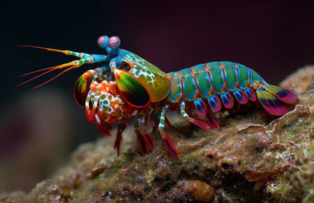 A close-up view displays a colorful mantis shrimp perched atop textured coral. The aquatic creature showcases vibrant hues of blue, green, orange, and red. The lighting is focused, highlighting intricate details of the shrimp's shell and eyes. This image is suitable for various commercial uses, including educational materials and nature-themed designs.の素材