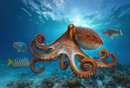 An octopus is shown swimming in clear, blue water. Its brown body and tentacles are prominent, with several fish swimming nearby. The scene is lit by overhead sunlight, creating a bright and detailed underwater view. Suitable for educational content, marine life studies, or visual elements in various creative projects.の素材