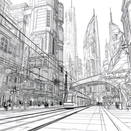 An artistic rendering presents a futuristic cityscape, featuring towering skyscrapers and a tram traveling along the street. The monochromatic artwork emphasizes architectural details and linear perspective. This illustration could be used for various commercial projects, including concept design or editorial content.の素材
