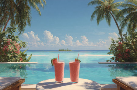 Two vibrant red beverages with watermelon slices stand on a table near a pool. Palm trees and other tropical foliage frame a serene ocean vista under a bright blue sky. The composition features symmetry and depth, with a focus on color and a sense of relaxation, suitable for travel or lifestyle themes.の素材