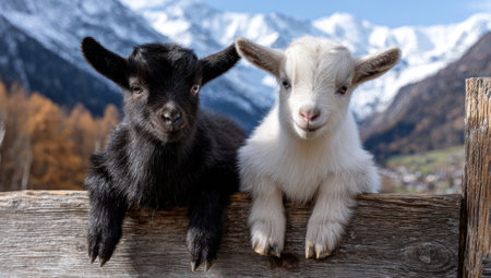 Two small goats, one black and one white, are positioned on a weathered wooden fence. The image showcases the animals in a bright environment. The composition features a blurred backdrop of mountains and foliage. This image is suitable for various commercial purposes, including illustrative content and editorial usage.の素材