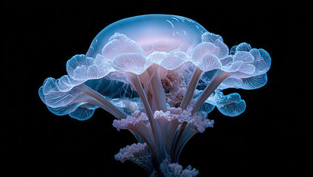 An isolated jellyfish floats against a deep black backdrop, highlighting its intricate structure and ethereal glow. The image features a spectrum of blues and whites, capturing the delicate textures and forms of the sea creature. This image would be suitable for various commercial uses related to marine life or abstract design.の素材