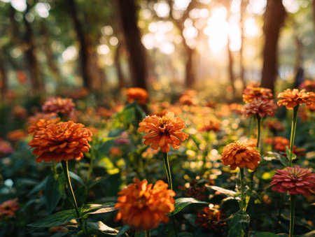 A field of vibrant orange flowers basks in the sunlight, creating a warm, inviting scene. The composition highlights the flowers' textures and shapes, with a blurred background suggesting a natural outdoor setting. This image is suitable for various commercial uses, including website backgrounds or editorial content.の素材