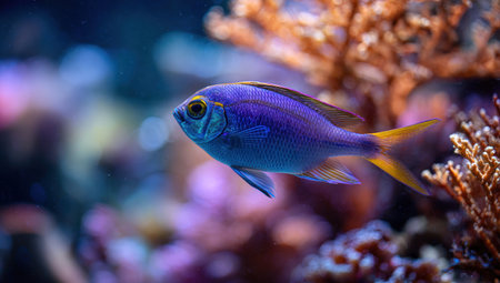 A colorful fish swims near coral in this underwater image. The fish displays shades of purple and yellow. The composition features a shallow depth of field, highlighting the fish. This image might be suitable for editorial and commercial purposes, such as marine life, ecology or educational topics.の素材