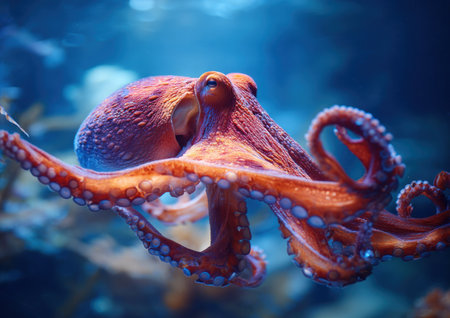 An octopus is featured, showcasing vivid colors and intricate textures. The image highlights a close-up perspective of the marine animal in its aquatic environment. The composition utilizes a gradient of blue hues. Suitable for uses in biology, nature, or educational projects.の素材