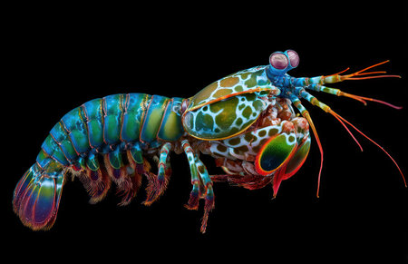 This image presents a brightly colored mantis shrimp isolated against a stark black background. The creature displays intricate patterns of green, blue, and orange. The composition suggests a macro perspective with detailed textures. Potential uses could include educational materials or scientific illustrations, emphasizing the beauty of marine life.の素材