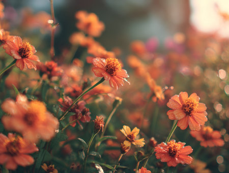 Numerous orange flowers with delicate petals are showcased in a garden setting. The image highlights a soft, warm color palette, enhanced by natural sunlight. The composition is focused, creating a shallow depth of field. Suitable for various applications, including print and digital media.の素材