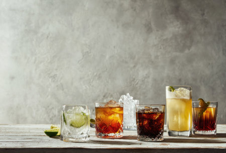 An assortment of colorful cocktails are arranged on a wooden surface in this image. Each glass displays various shades with ice cubes. A neutral-toned backdrop enhances the presentation. This photo could be used for various commercial projects related to beverages or food and drink industries.の素材