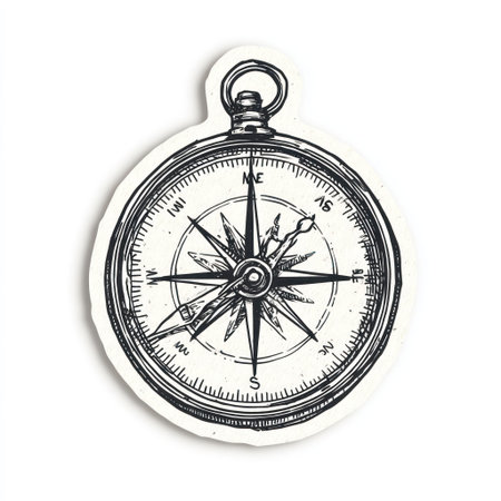 This image showcases a vintage compass illustration, rendered in black and white. The design features intricate details of the compass dial and needle. It presents a high-angle composition on a white background. The image could be utilized for various commercial purposes, including designs related to direction and exploration.の素材