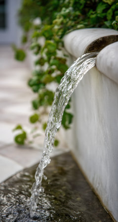 A close-up view depicts a water fountain, with a clear stream of water cascading. The water is illuminated, revealing its texture and movement. Green foliage provides a natural backdrop. This image could be used for various purposes, including articles about nature and lifestyle.の素材