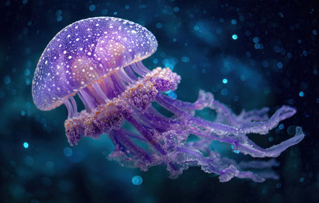A striking image captures a translucent purple jellyfish gracefully floating in dark blue water. The jellyfish, illuminated by an unknown light source, showcases intricate details and textures. This underwater scene evokes tranquility and could be suitable for various commercial uses, including educational materials and artistic projects.の素材
