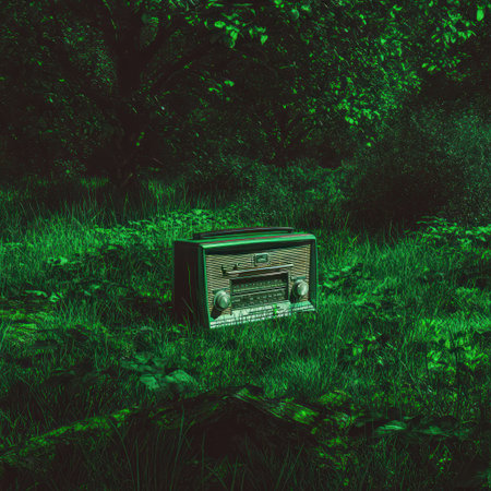 An antique radio sits amidst vibrant green foliage in this image. The scene features rich textures of grass and leaves under warm lighting. The composition suggests an outdoor environment, possibly a forest, creating a sense of natural ambiance. Suitable for commercial projects or editorial use.の素材