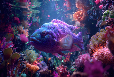 A striking purple fish swims through a vivid coral reef, the aquatic scene filled with diverse colors and textures. The image displays a detailed composition, likely captured underwater, bathed in diffused light. This visually appealing artwork is suitable for various commercial uses, including illustrative purposes.の素材