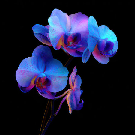A close-up captures a collection of orchids, displaying blue, purple, and pink petals. The image shows the delicate textures of the flowers against a stark, black backdrop. The lighting highlights the petals' forms. This composition is suitable for various editorial and commercial applications.の素材