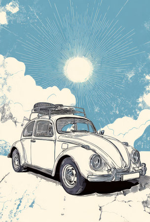 An illustrated classic automobile, adorned with roof storage, stands prominently against a radiant sunburst background. The artwork features a refined, clean style with detailed linework, set amidst a light blue sky and fluffy cloud formations. The design suggests potential uses for travel, vintage themes, or editorial content.の素材