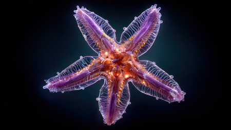 A close-up image showcases a starfish with translucent purple and orange hues. The intricate details of the marine creature are highlighted against a deep, dark backdrop. The composition is likely for scientific, educational, or illustrative purposes. Its unique visual characteristics may suit various commercial and editorial applications.の素材