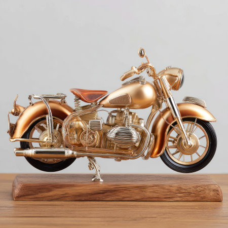 A golden motorcycle model is displayed on a wooden base. The object is a detailed sculpture with a classic aesthetic. The lighting highlights the metallic texture. It could be suitable for decorative purposes, conceptual imagery, or commercial applications. The neutral background emphasizes the object.の素材